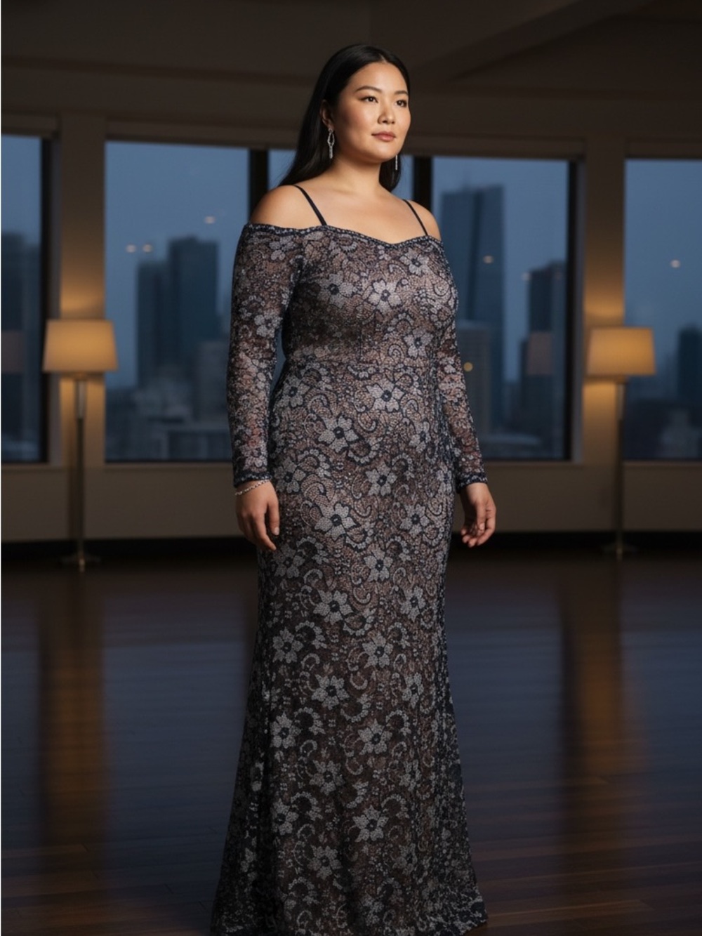 Xscape Navy and White Lace Off-Shoulder Long Sleeve Gown